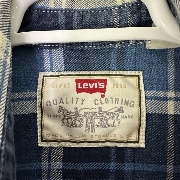 VTG Levi's Shirt Mens Medium Blue Plaid Flannel Metal Button Down Western Cowboy - Picture 8 of 12